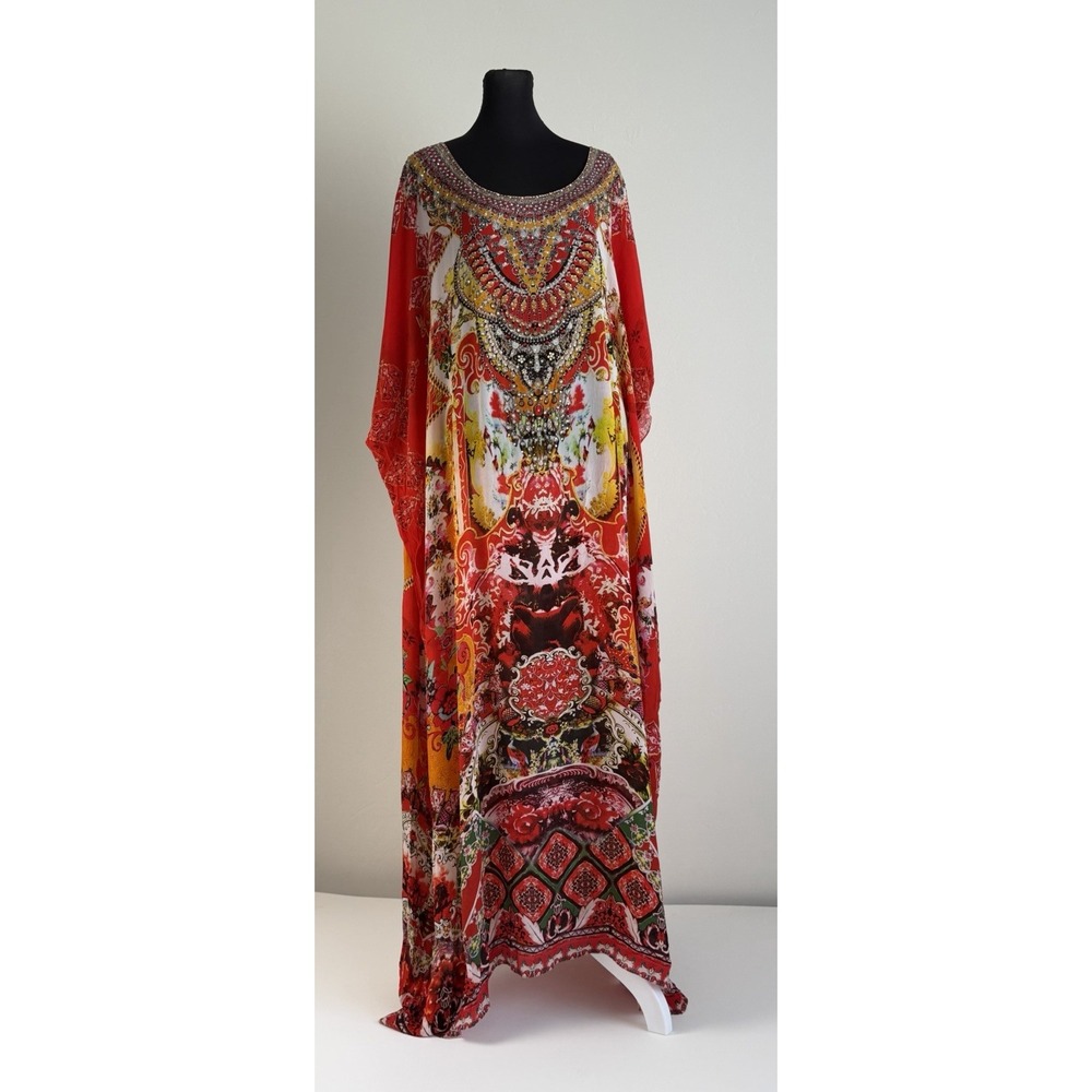 Czarina Silk Blend Kaftan Maxi Dress OS Embellished Crystal Boho Resort Beach